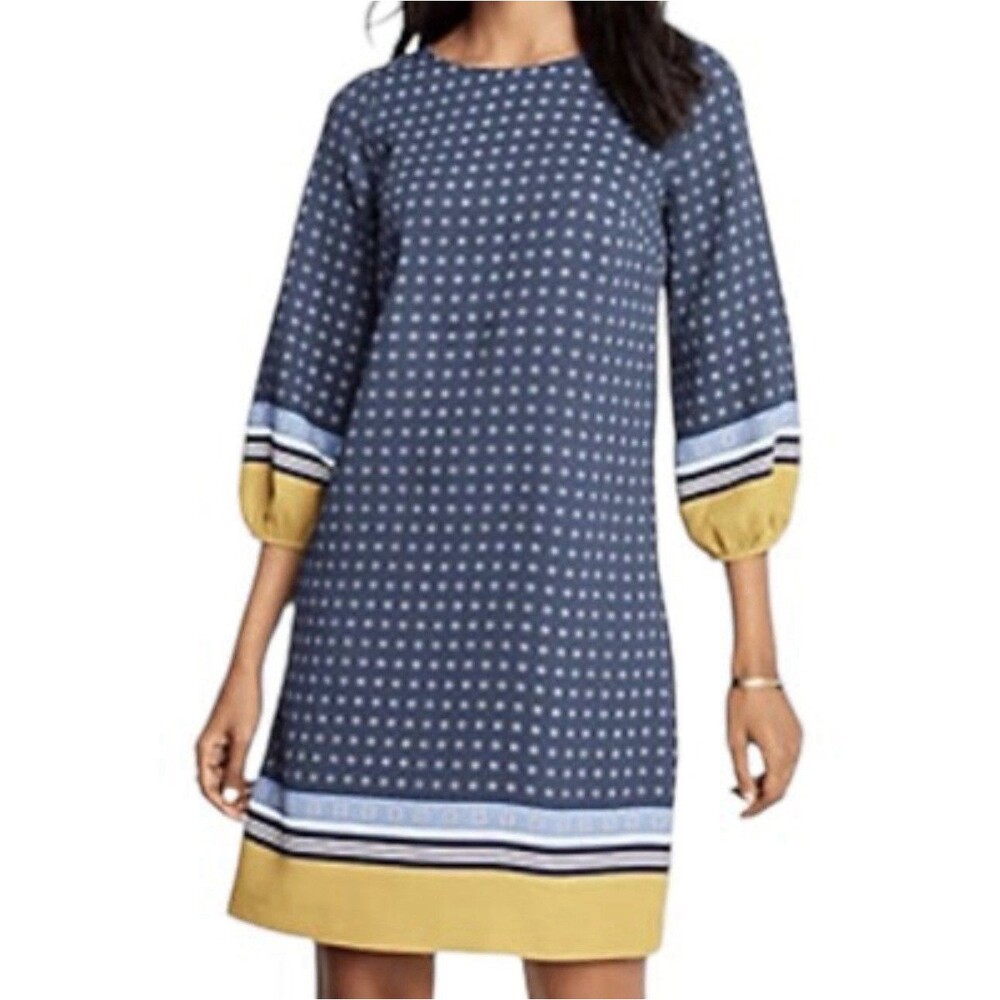 Ann Taylor Dress Size 0P Blue Shift Geo Floral  Print  Contrast Hem Career Women - Picture 5 of 15